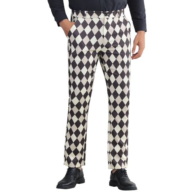 Pantalones de hombre Inspire Chic, de cuadros diamante, con frente plano y pierna recta, 30, marrón caqui