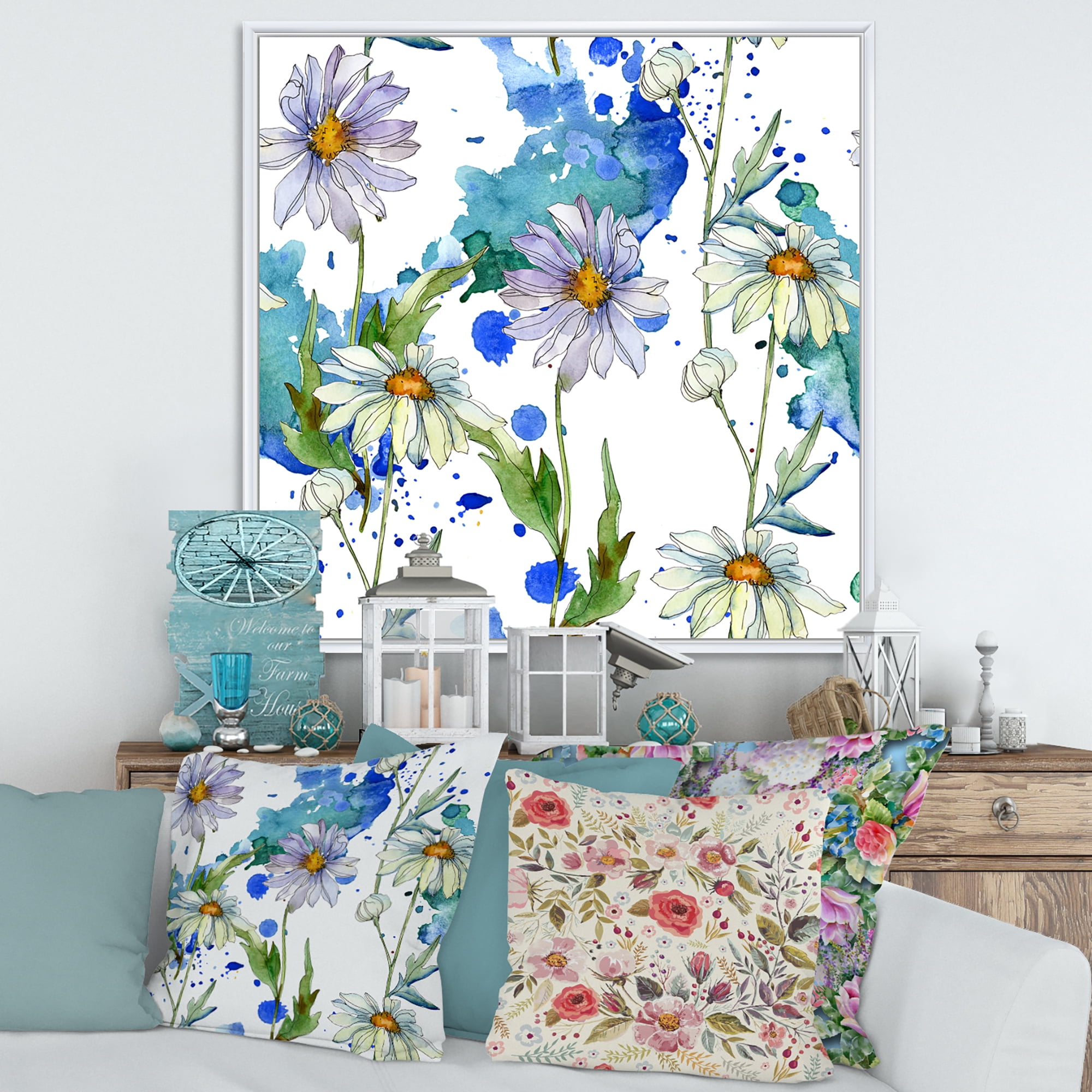 Daisies With Green Leaves and Background 36 in x 36 in Framed Painting Canvas Art Print, by Designart