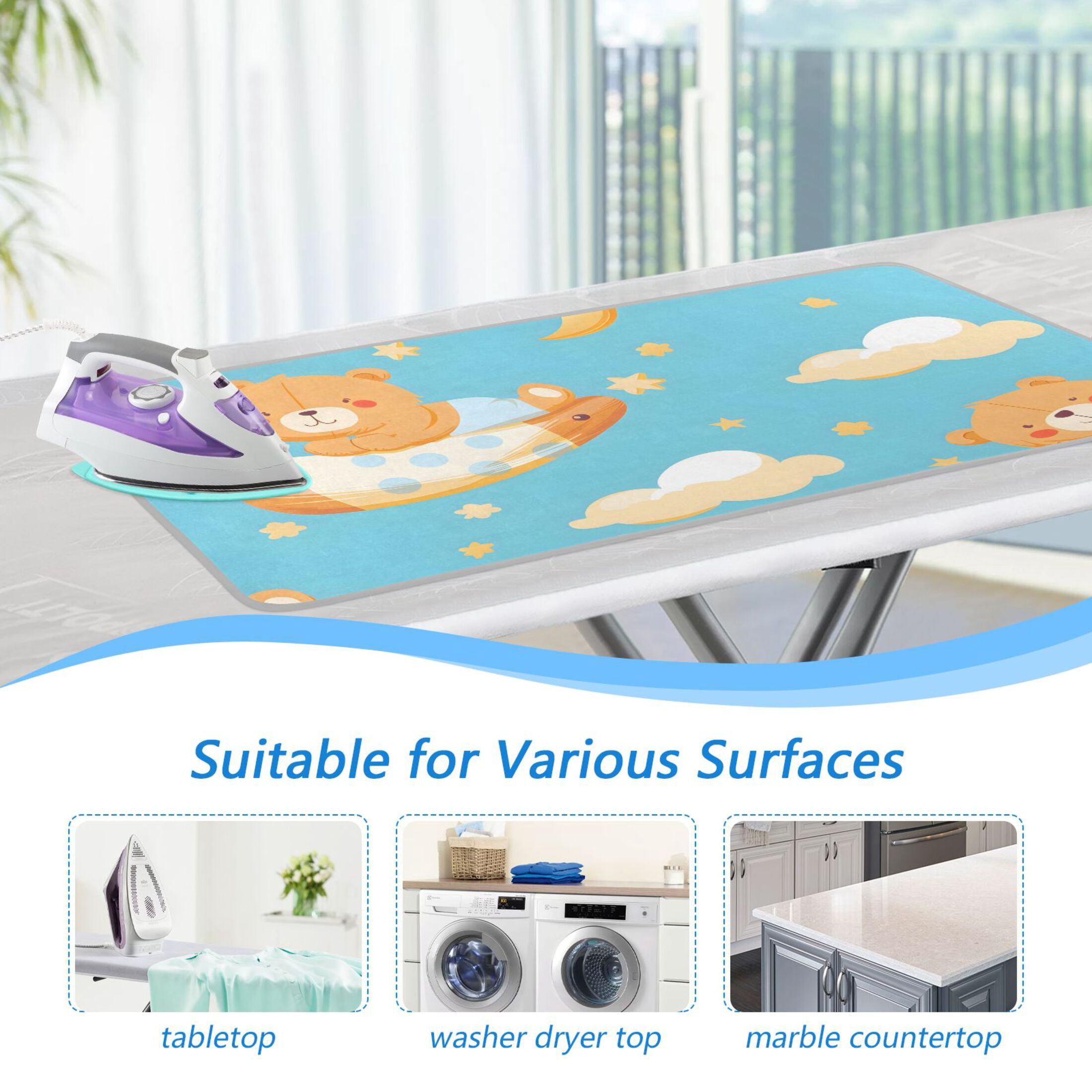 Cartoon Bears Ballon Stars Clouds Moon Ironing Mat Blanket Portable Travel Ironing Pad Heat Resistant Pad 47.2" x 27.6”