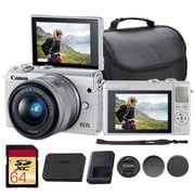 Canon EOS M100 Mirrorless Camera with 15-45mm Lens (White) | 24.2MP APS-C Sensor, Dual Pixel CMOS AF, Wi-Fi & Bluetooth | Great for Travel & Beginner Photos (2210C011) + 64GB Card + Camera Bag