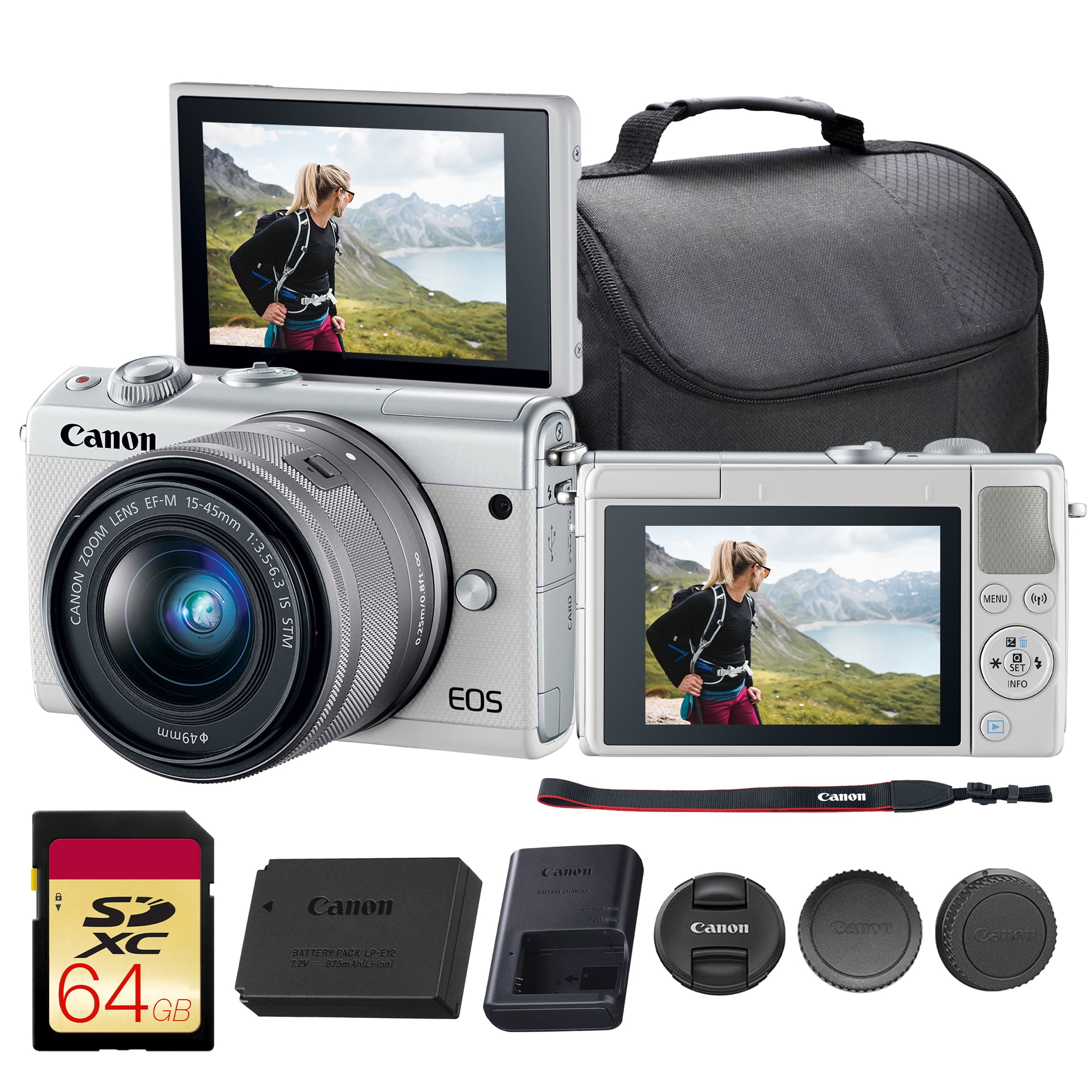 Canon EOS M100 Mirrorless Camera with 15-45mm Lens (White) | 24.2MP APS-C Sensor, Dual Pixel CMOS AF, Wi-Fi & Bluetooth | Great for Travel & Beginner Photos (2210C011) + 64GB Card + Camera Bag