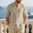 thumbnail image 2 of Men's Linen Shirt Button Down Long Sleeve Cotton Band Collar Casual Beach Shirts Stylish Solid Color Loose Blouses (3XL, Khaki), 2 of 6