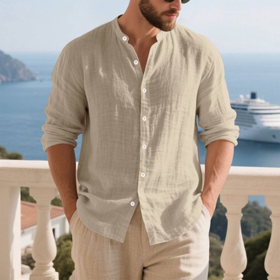 DAFPZW Men's Cotton Linen Long Sleeve Shirts Casual Button Down Banded Collar Shirt Beach Fall Summer Tops Clothes