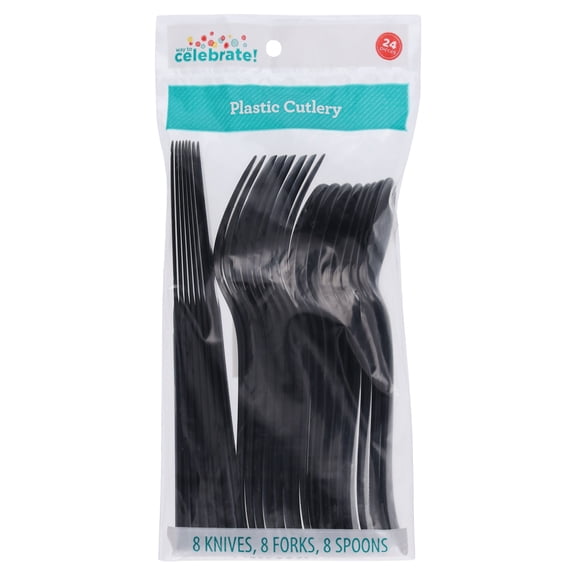 Plastic Disposable Cutlery Set, Black, 24 Pieces, by Way To Celebrate