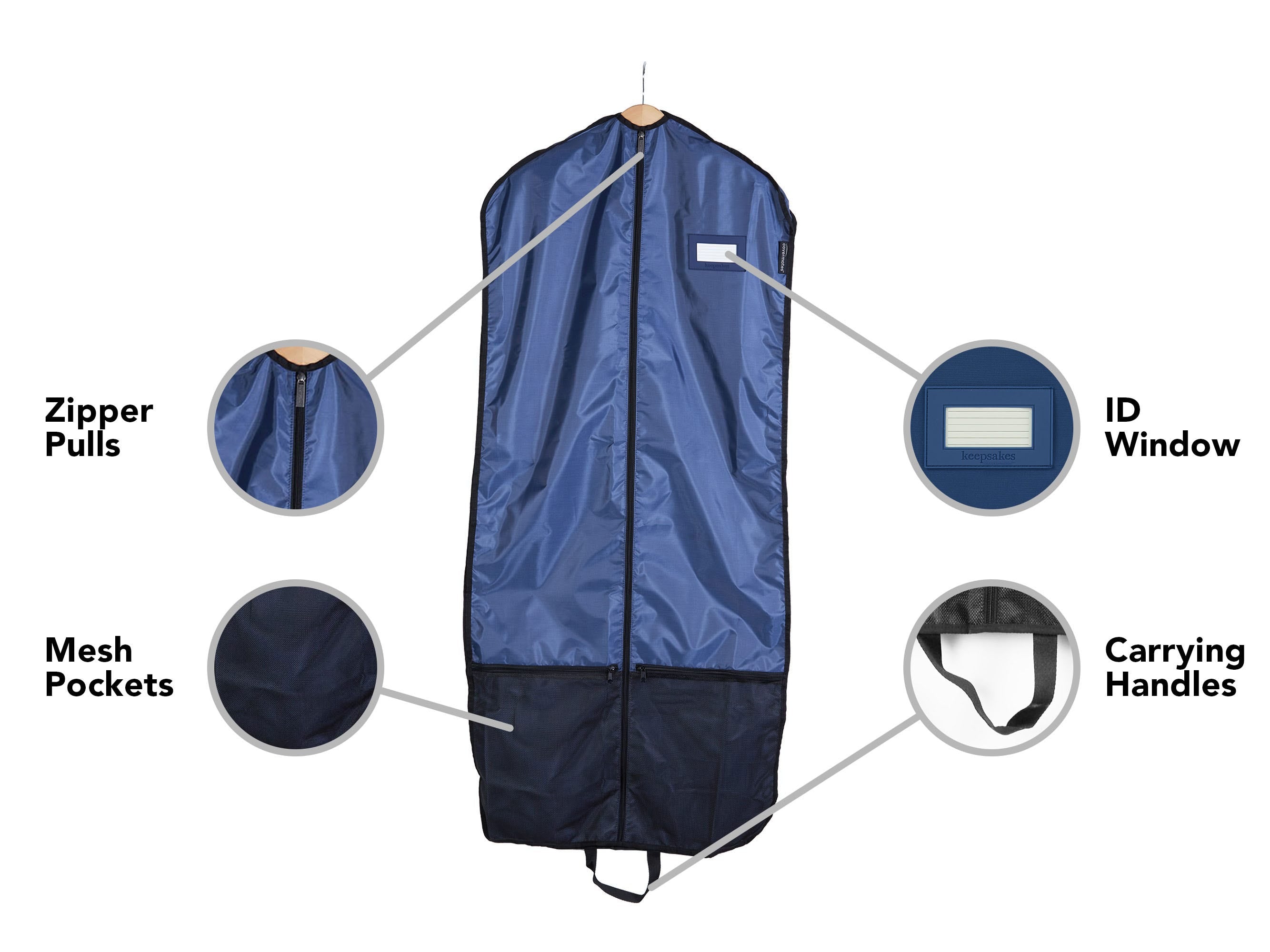 Covermates Keepsakes Deluxe Garment Bag Set - Premium Polyester - Full Length Zipper - ID Window - Carrying Handles - Stowaway Pouch - Closet Storage, Blue