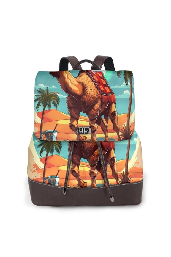 Cool Camel Oasis Vibes Print Large Backpack Soft Leather for Women Travel with Compartment, Adjustable Convertible Strap