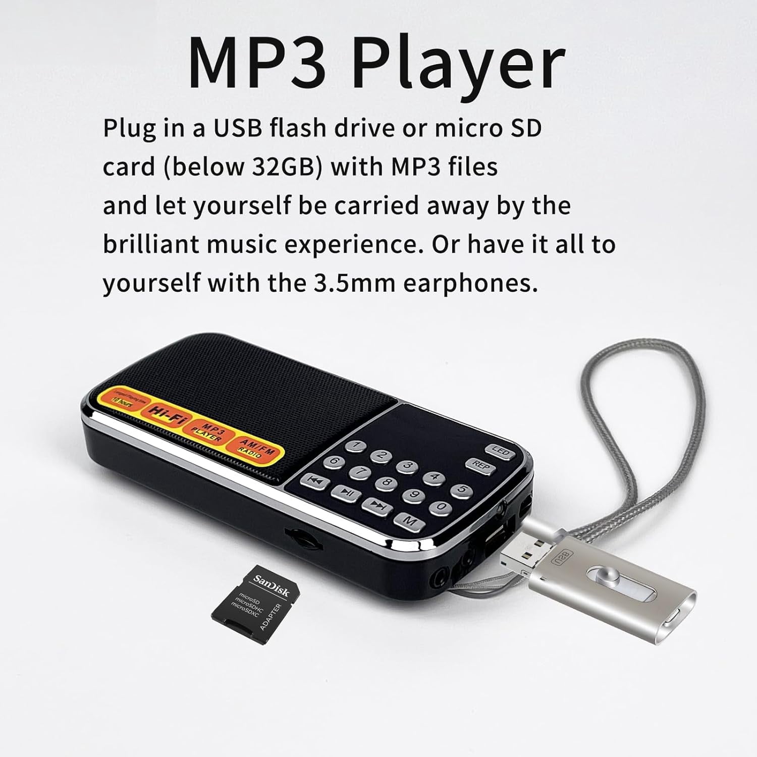 Portable AM/FM Radio with MP3 Player, Flashlight & Rechargeable Battery - Hands-Free Strap for Emergency, Outdoor, Camping