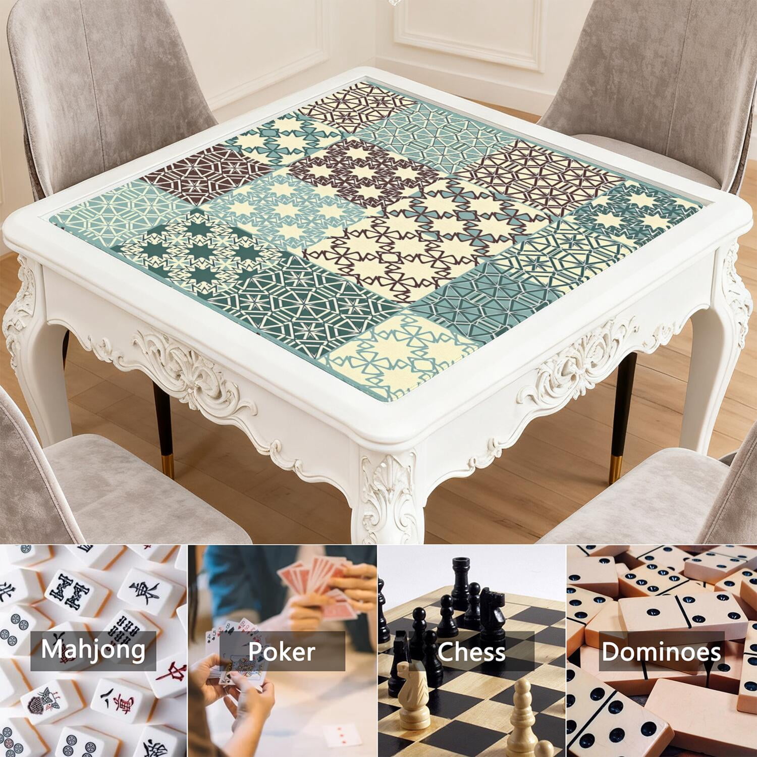 Extra Large Boho Pattern Anti-Slip Playing Surface 31.5 Inch Square Rubber Mahjong Mat with Noise Reduction for Chinese Tiles and Family Game Nights