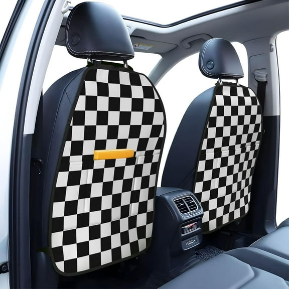 Black White Checkered Car Seat Back Kick Protectors,2 Pack Kick Mats with Storage Pockets,Car Accessorise, A-100