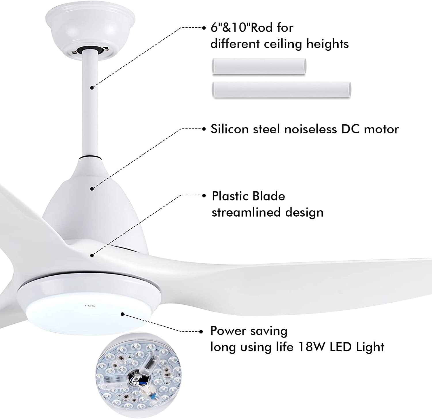 TCL Ceiling Fan with Light Bulb, Remote Control, Reversible Blades, for Indoor & Outdoor, White