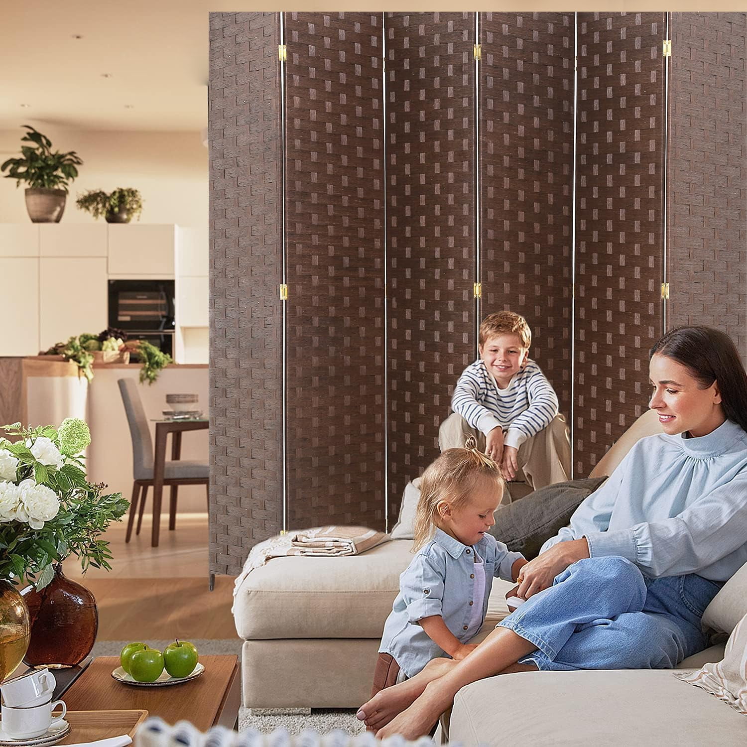 Dkelincs Wood Room Dividers 6 Panels Portable Folding Partition Screen Wood Mesh Woven Design Wall Divider(Brown)