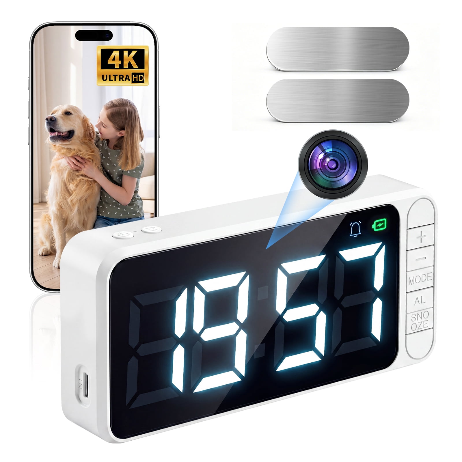 WiFi Camera Clock 4K Indoor Security Camera with Long Battery Life, Motion Detection, Night Vision