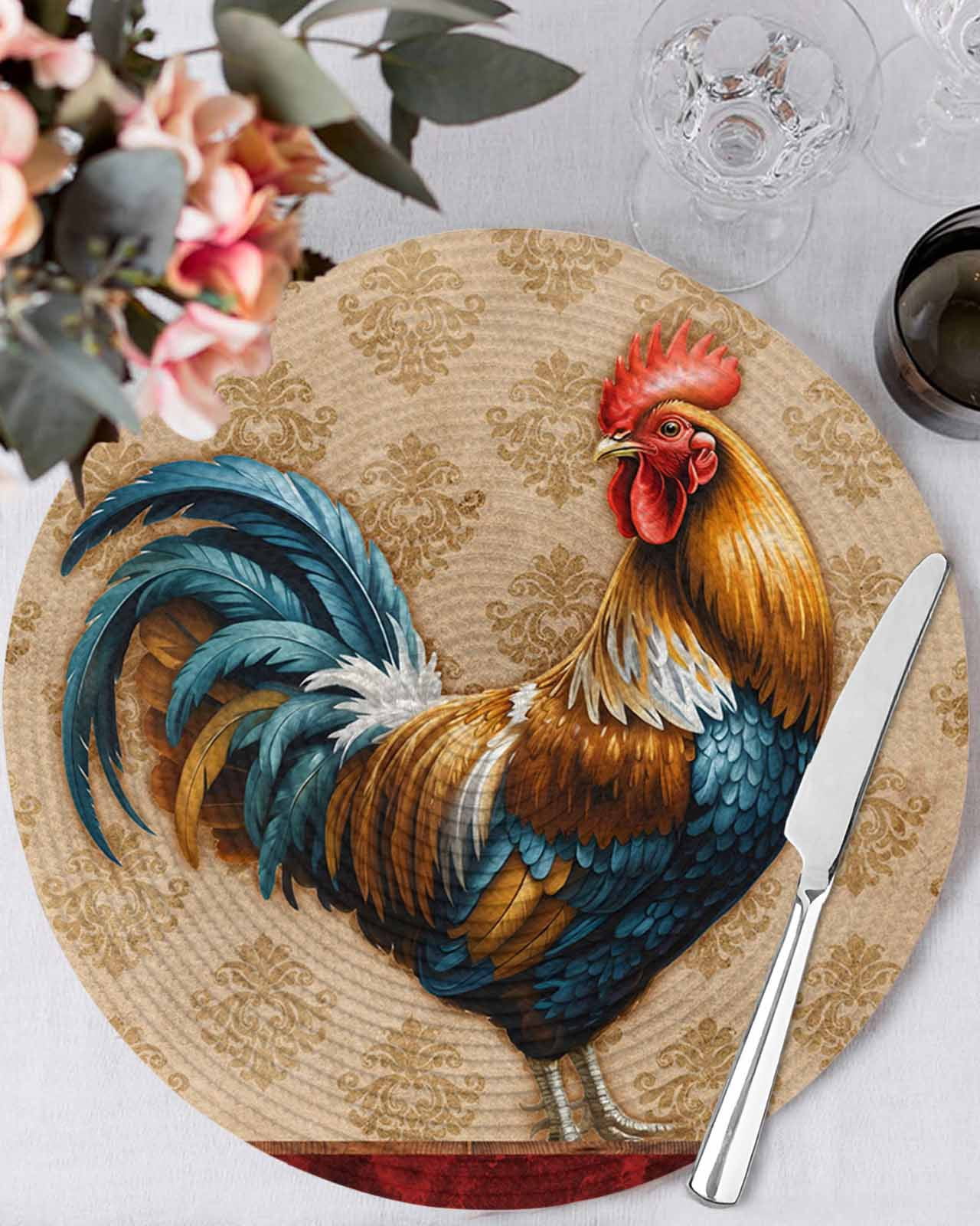 Round Placemats Set of 4 Farmhouse Chicken Rooster Cock Place Mats Washable Woven Placemat Vintage Farm Animal Circle Braided Table Mat for Kitchen Dining Table Party Home Decor 15 Inch