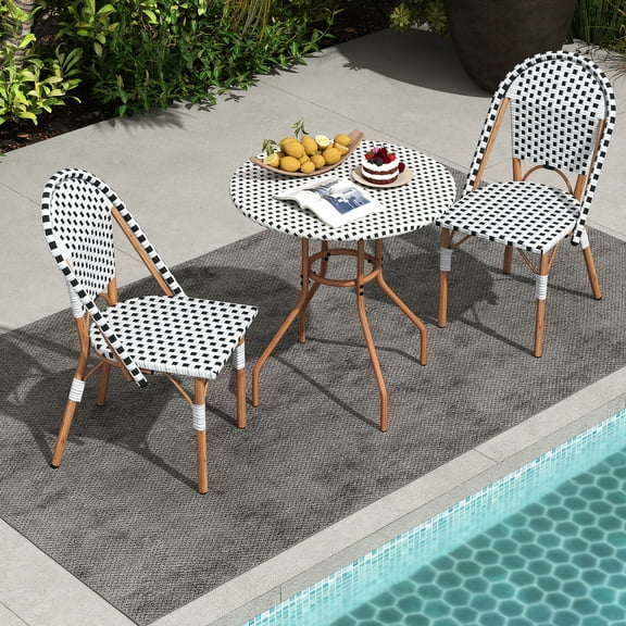 Gymax 3 Piece French Bistro Table Chair Set Outdoor Wicker Round Table & 2 Dining Chairs