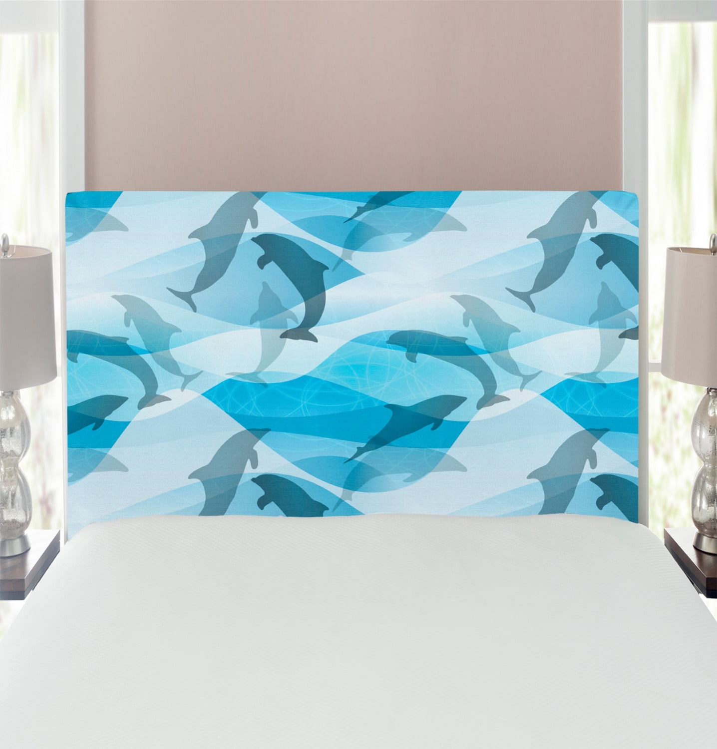 Sea Animals Headboard, Dolphin Fish Pattern Silhouette Under the Sea