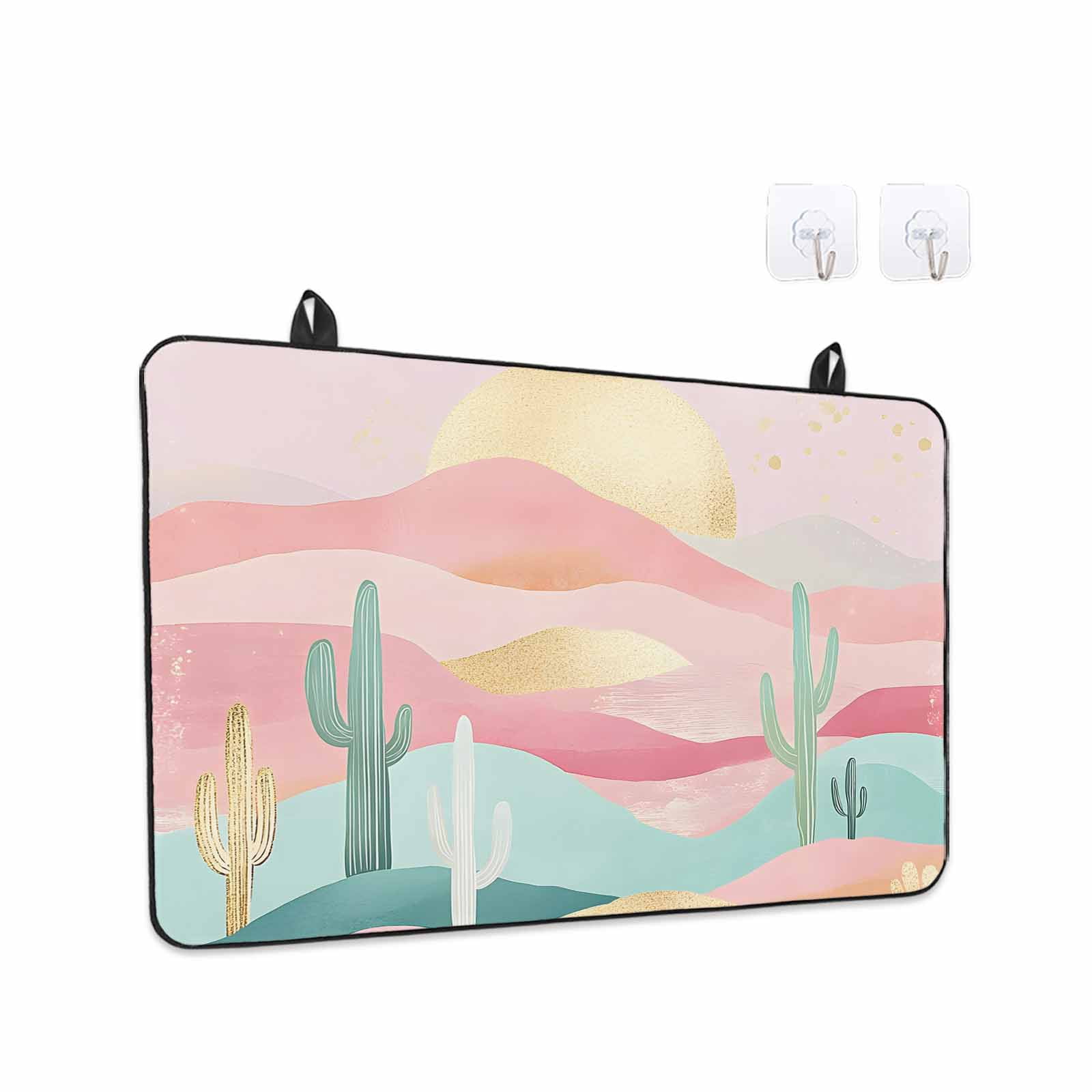 South West Boho Stove Top Cover for Electric Stove, Heat-proof & Non Slip Glass Top Stove Cover Protector, Abstract Pink Gold Mountains Cactus Kitchen Flat Cooktop Rubber Mat 24x21 Inches
