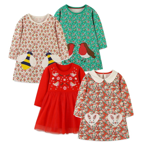 Bellafa Fall Little Girls' Long Sleeve Dresses Toddler Kids Crew Neck Floral Dress Baby Bee Appliqued Cotton Dresses 2T