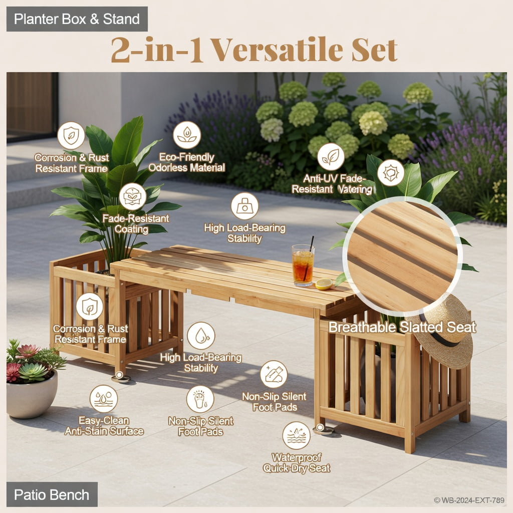 Hommoo Fir Wood Outdoor Patio Bench with Built-in Planter Boxes, 2-Person Seating & Dual Flower Beds for Garden, Backyard, Deck, Natural