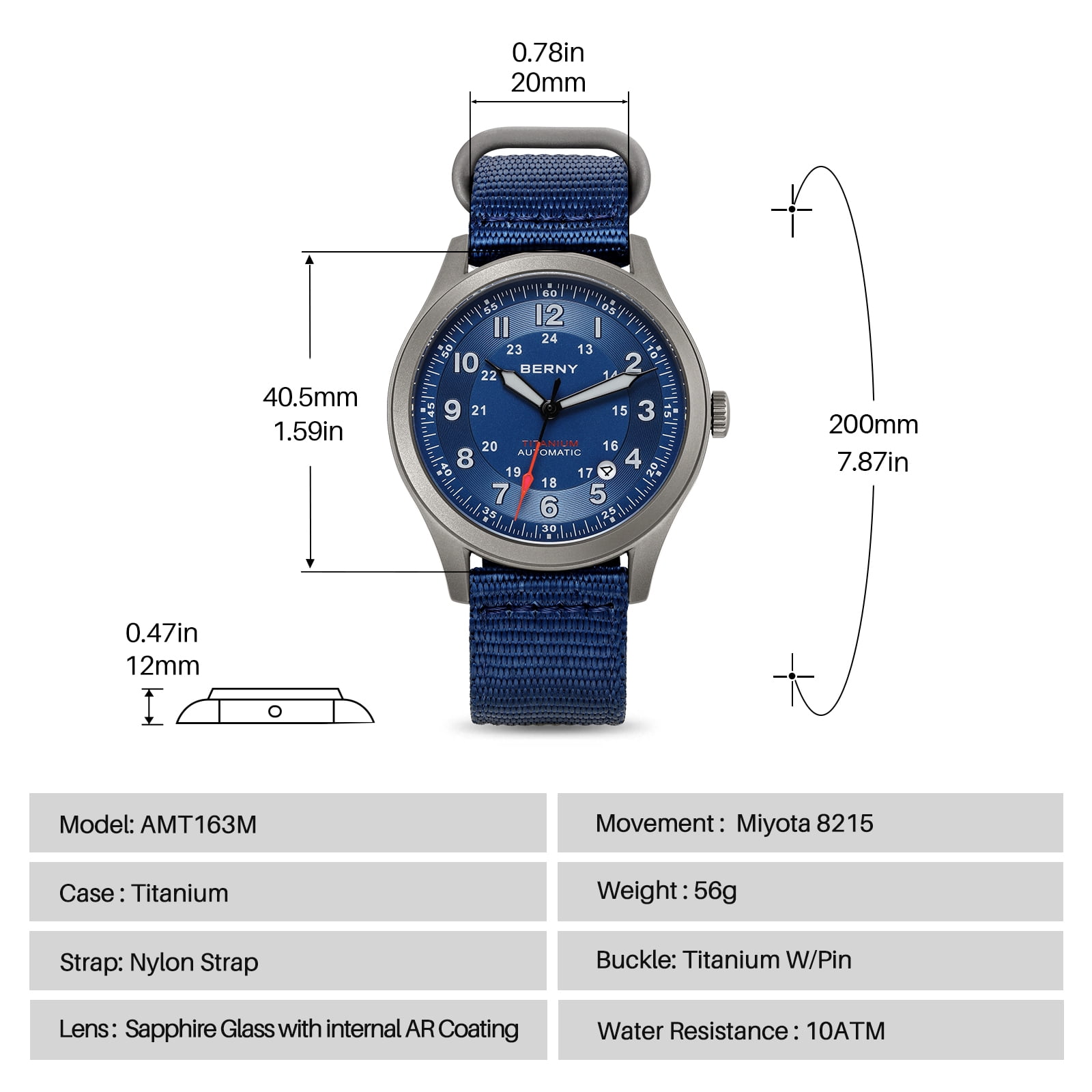 BERNY Automatic Watches for Men Military Sport Nylon Strap Titanium Field Watch with Date Sapphire Crystal Luminous Analog Mechanical Watch 100M Waterproof Army Tactical Casual Wristwatch (Blue)