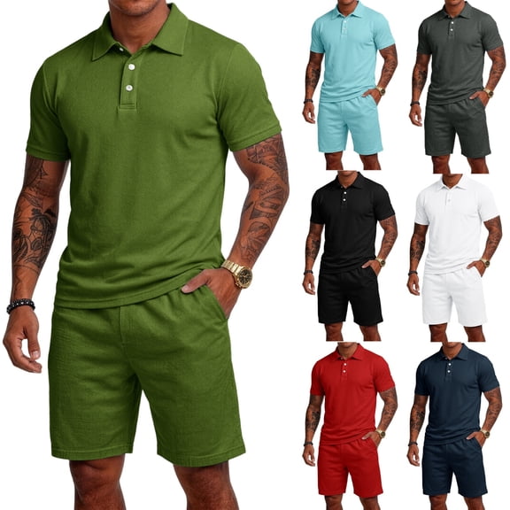 Men's 2 Piece Casual Outfits Short Sleeve Polo Shirt and Elastic Drawstring Shorts Set Breathable Loose Fit Sport Tracksuit Army Green L