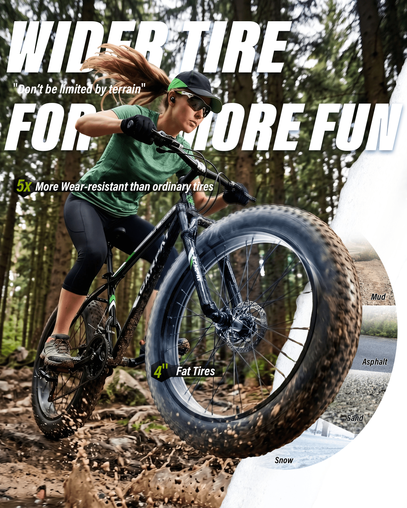 26 inch Fat Tire Mountain Bike for Adult, Outdoor Cycling Bike with 21-Speed for Men Women, High Carbon Steel Frame, Dual Disc Brake, 4 Inch Wide Tires, Front Suspension, Anti-Slip Bikes, Black