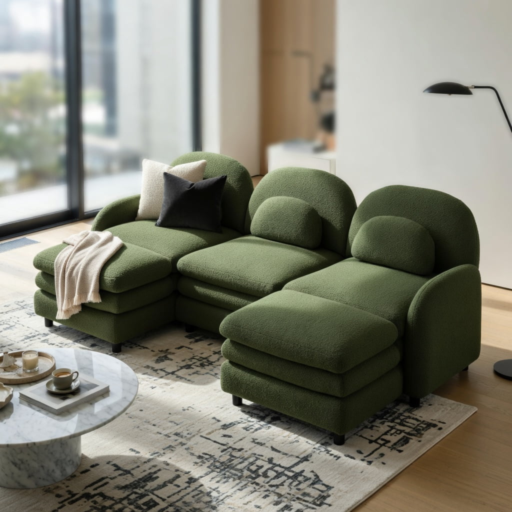 Hommoo Teddy Fleece 3-Seat Modular Sectional Sofa with Curved Backrest, Lumbar Pillows & 2 Movable Ottomans, Cloud-Like Comfort, Easy Assembly, Green