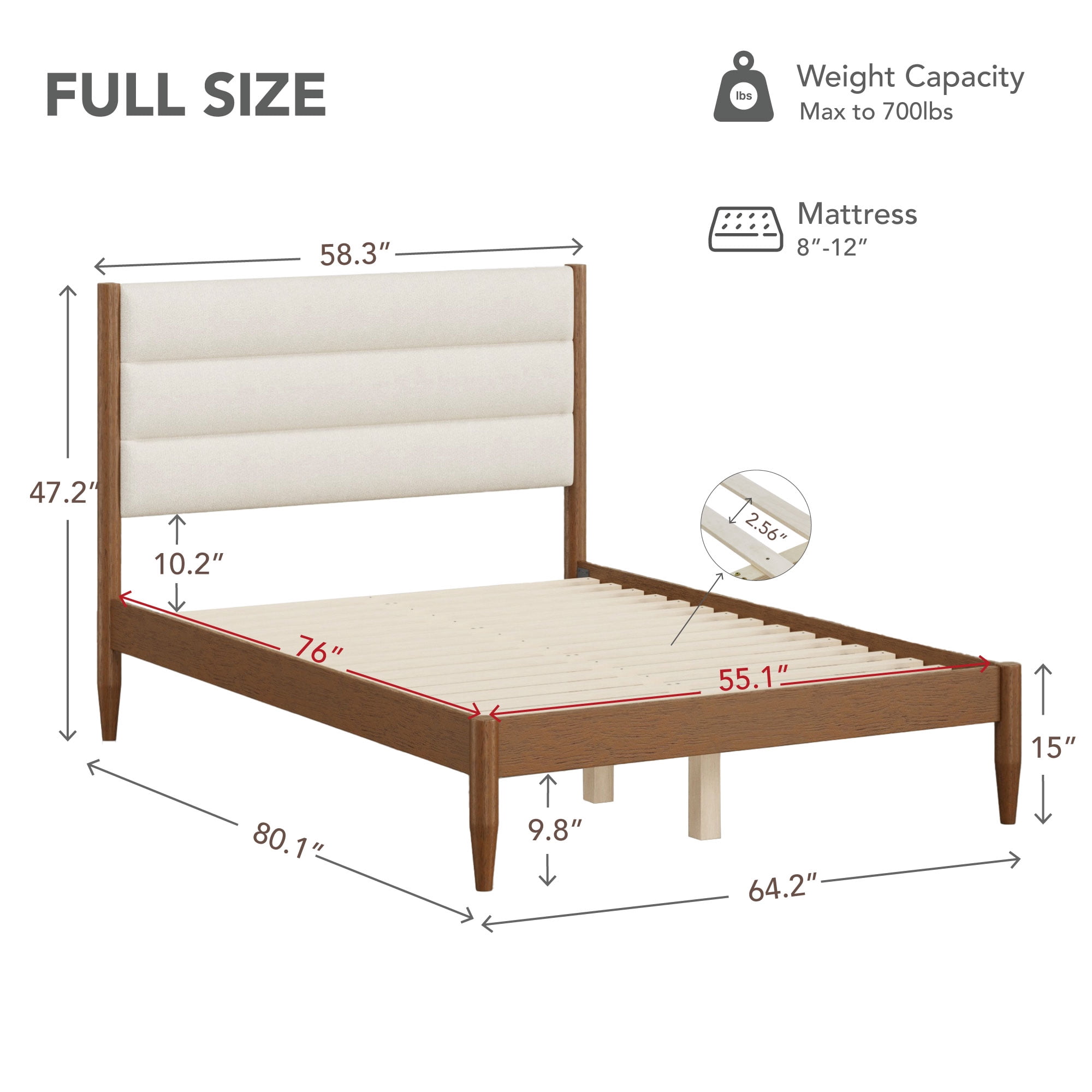 Spruce & Spring Farmhouse Full Upholstered Bed Frame, Solid Rubberwood Frame, Cream Boucle Headboard, Noise-Free, No Box Spring Required, Walnut & Cream
