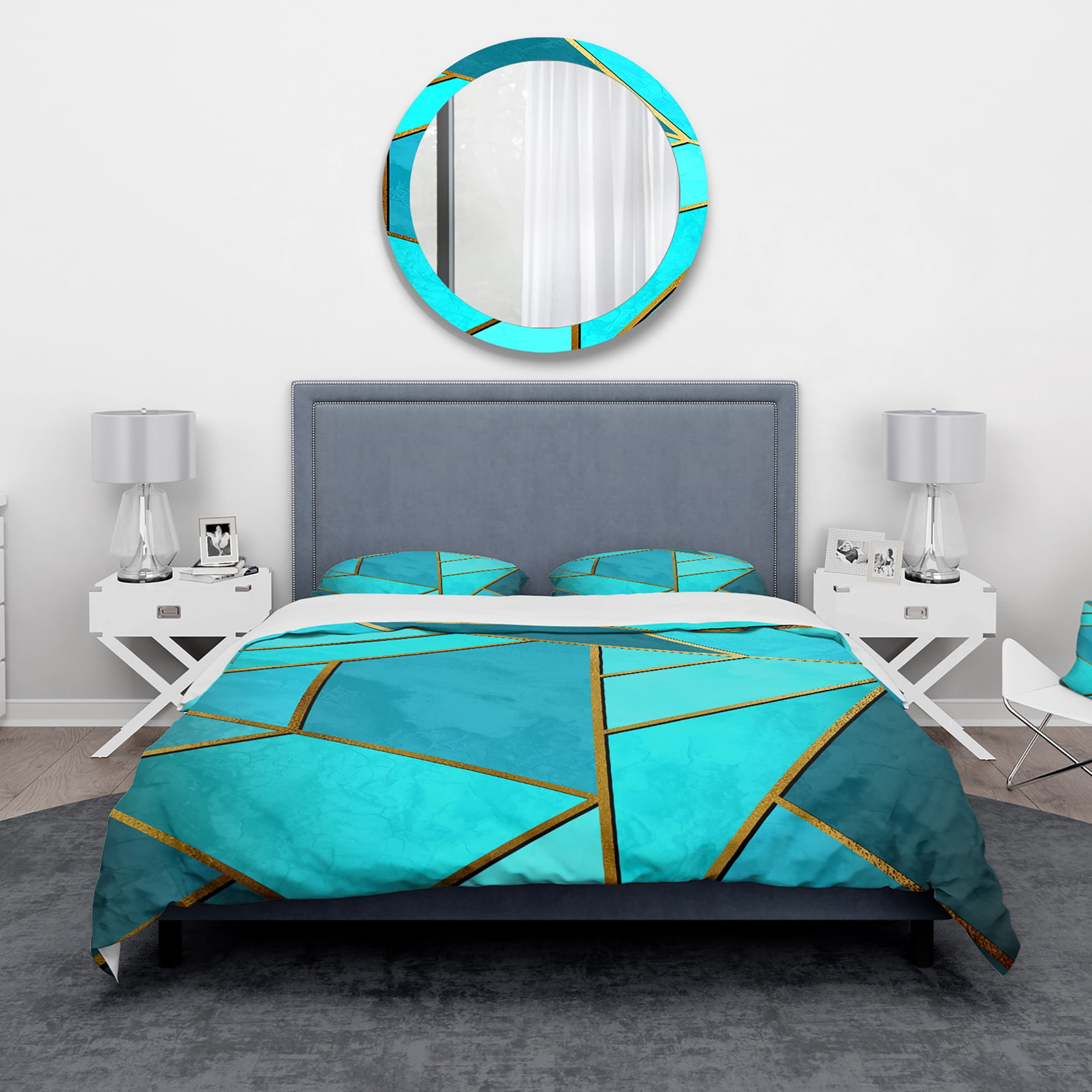 Designart 'Yellow Triangular Geometry over Background of Shades of Cyan' Modern & Contemporary Duvet Cover Set