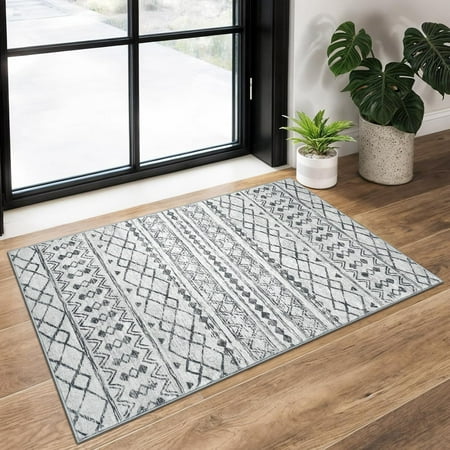 Boho Runners for Hallways 2.6x10 ft Moroccan Washable Runner Rug Non-Slip Vintage Grey Kitchen Rugs Ultra Soft Distressed Geometric Floor Carpet for Bedroom Laundry Living Room