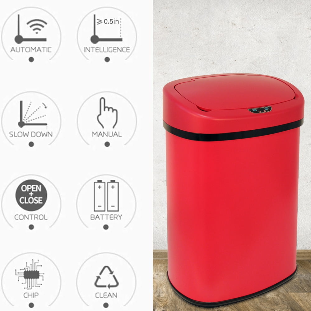 Automatic Sensor 13 Gallon Trash Can Touch Free Trash Can No Touch Garbage Can Kitchen Waste Bin Bathroom Trash Can with Lid for Home Bedroom Office, Power by Battery, Red