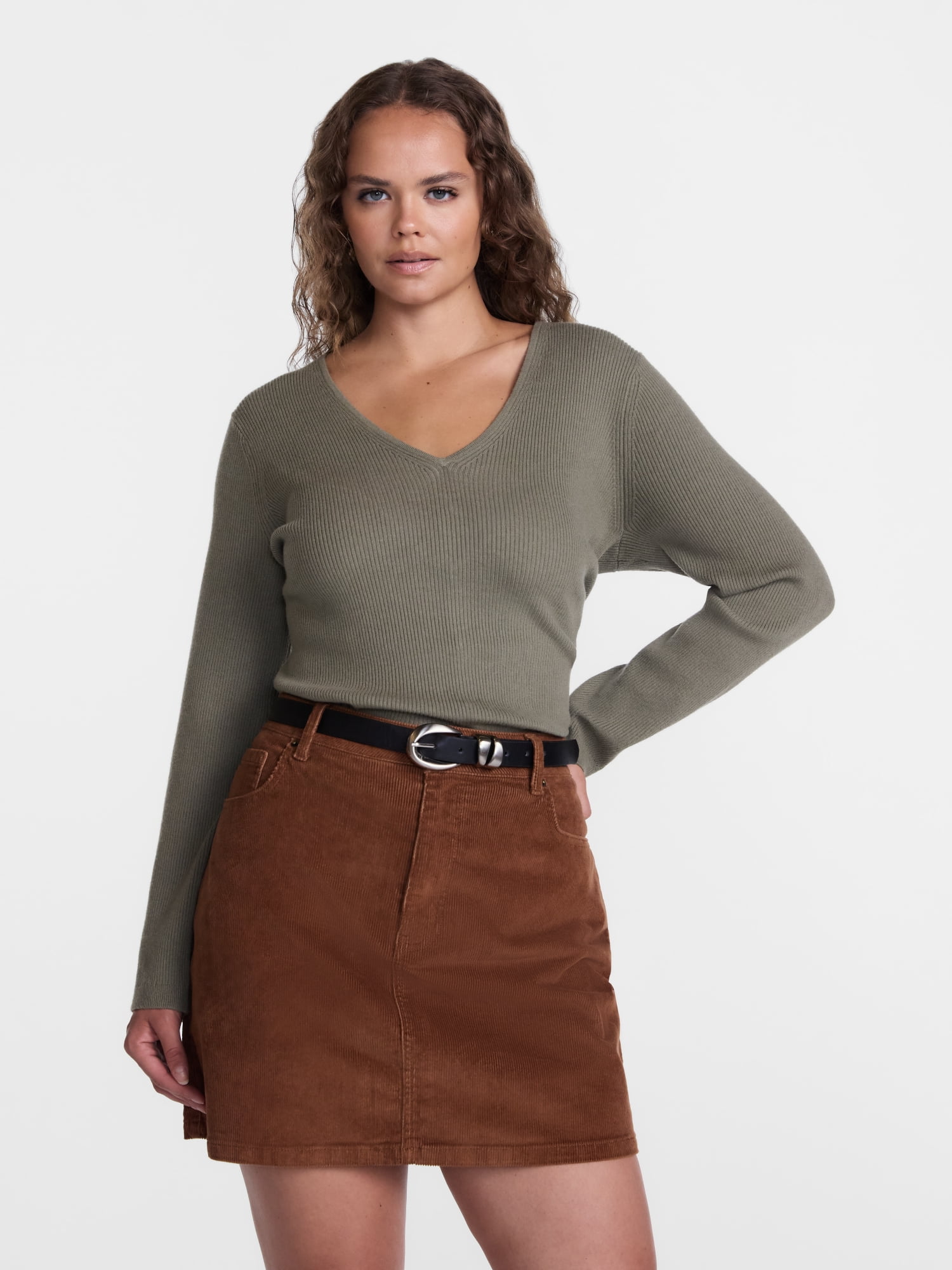 Scenario Women's V-Neck Ribbed Lightweight Sweater with Long Sleeves, Sizes XS-XXXL