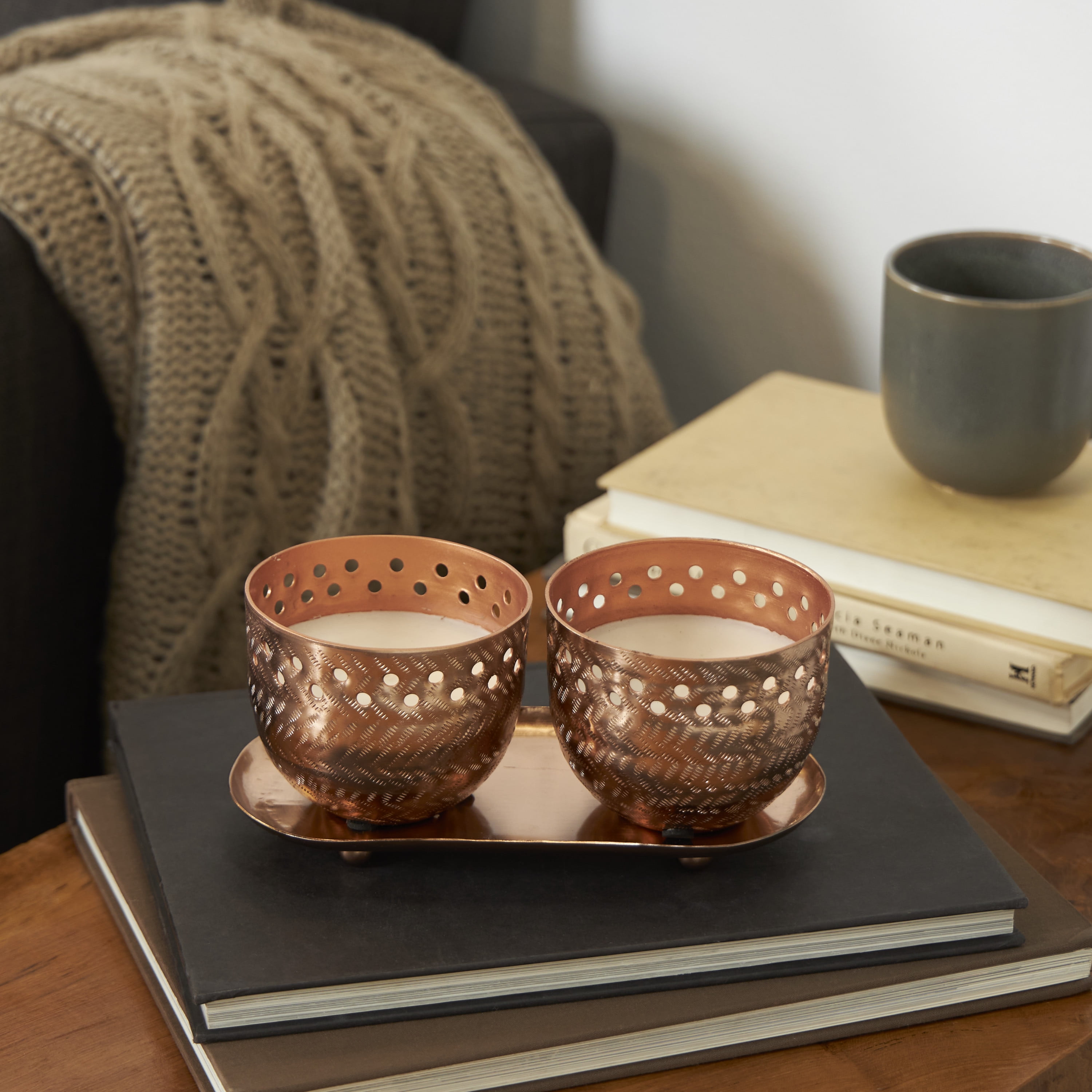 CosmoLiving by Cosmopolitan 2 Holder Copper Metal Tropical Breeze Scented Cutout Spotted 7 oz 1 Wick Candle with White Wax, (Set of 2)