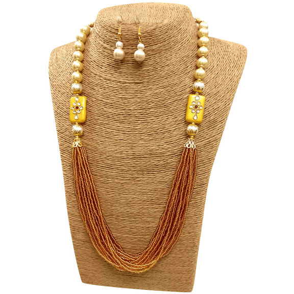 Handmade Golden-Brown Beaded Necklace Set with Floral Accents and Matching Earrings for Women