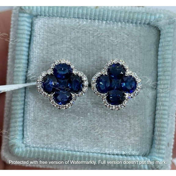 Real Sapphire 2.00Ct Round Cut Clover Stud Earrings 14K White Gold Plated Silver