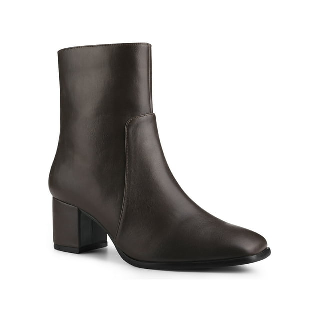 Unique Bargains Women's Square Toe Side Zipper Block Heel Ankle Boots Coffee (Size 6.5)