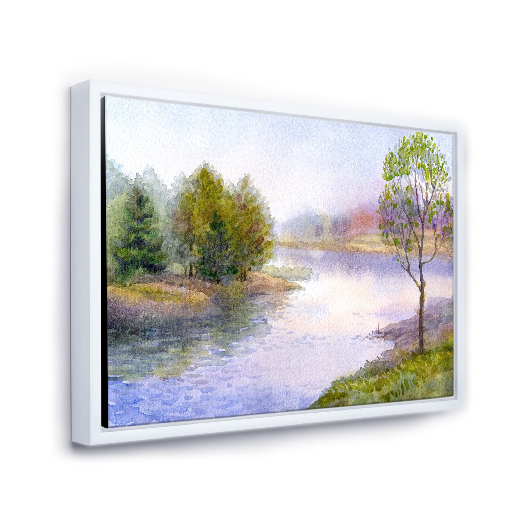 Trees On The Bank Of River 20 in x 12 in Framed Painting Canvas Art Print, by Designart