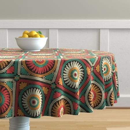 

Cotton Sateen Tablecloth 70 Round - Bohemian Squares Retro Pattern Dark Background Print Multicolored Intricate Print Custom Table Linens by Spoonflower