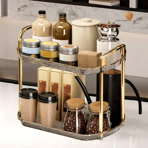 Bxaolu Spice Rack Organizer for Countertop, 2-Tier Plastic Rust-Proof Standing Seasoning Storage Shelf with Low Guardrail for Kitchen Cabinet Bathroom Living Room Pantry, Black