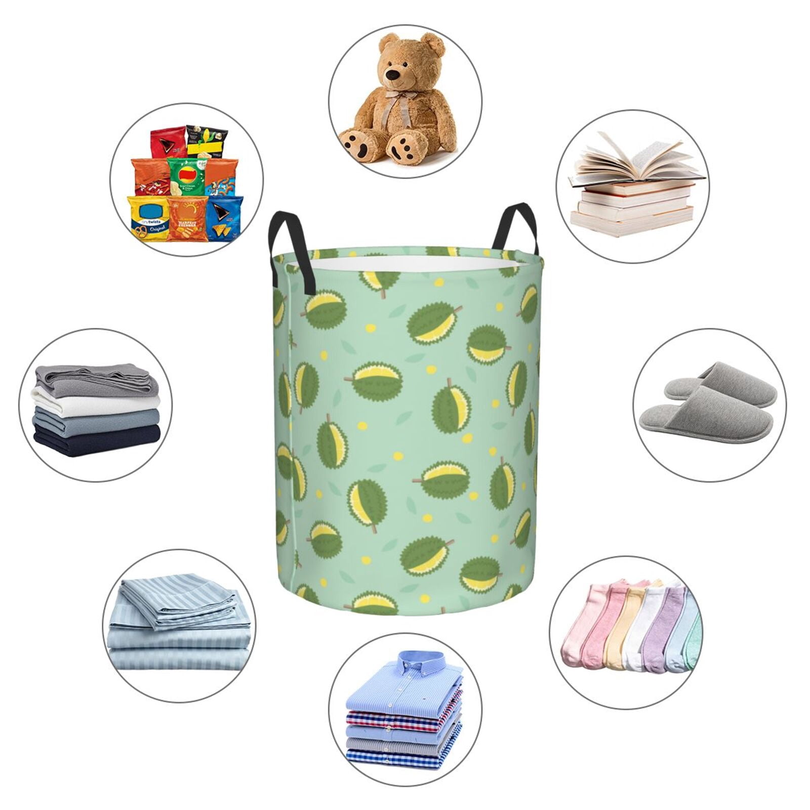 Large Laundry Basket with Handles - Cute Durian Light Green Kids Baby Dirty Clothes Laundry Hamper for Bedroom Aesthetic