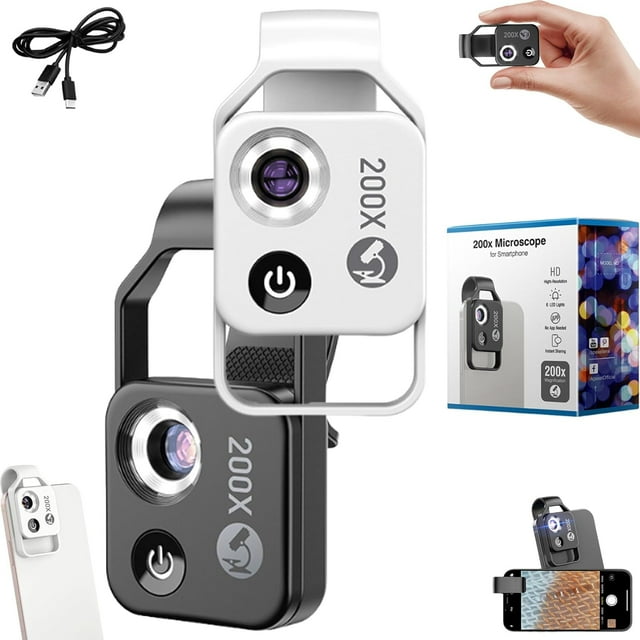 Qinux Zoomzip - 2025 New Zoomzip Smartphone Microscope - 200x Magnification Lens with CPL Lens/LED Light - Portable Pocket Digital Microscope Camera Attachments for Phone (Black+White)