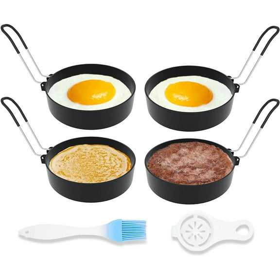FGLHS Stainless Steel Egg Rings for Frying Eggs（4 Pack - 3.5" Round Non Stick Griddle Rings with Oil Brush, Egg Sandwich/Pancake/Cooking Molds, Breakfast Maker Accessories & Separator