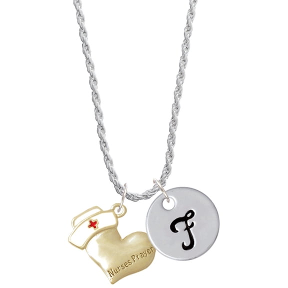 Delight Jewelry Two-tone Nurse's Prayer Heart - Healing Hand Silvertone Script Initial Disc - F - Charm Necklace, 20"+3"