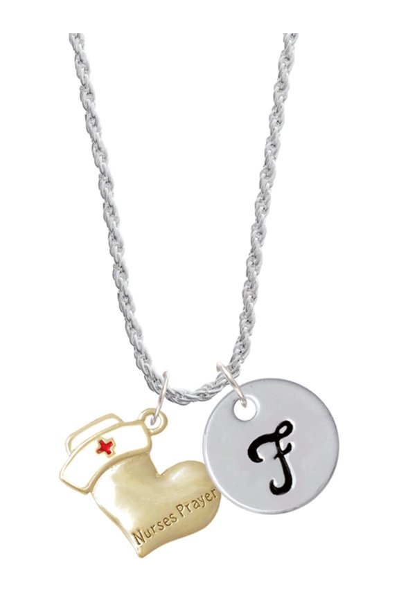 Two-tone Nurse's Prayer Heart - Healing Hand Silvertone Script Initial Disc - F - Charm Necklace, 20"+3"
