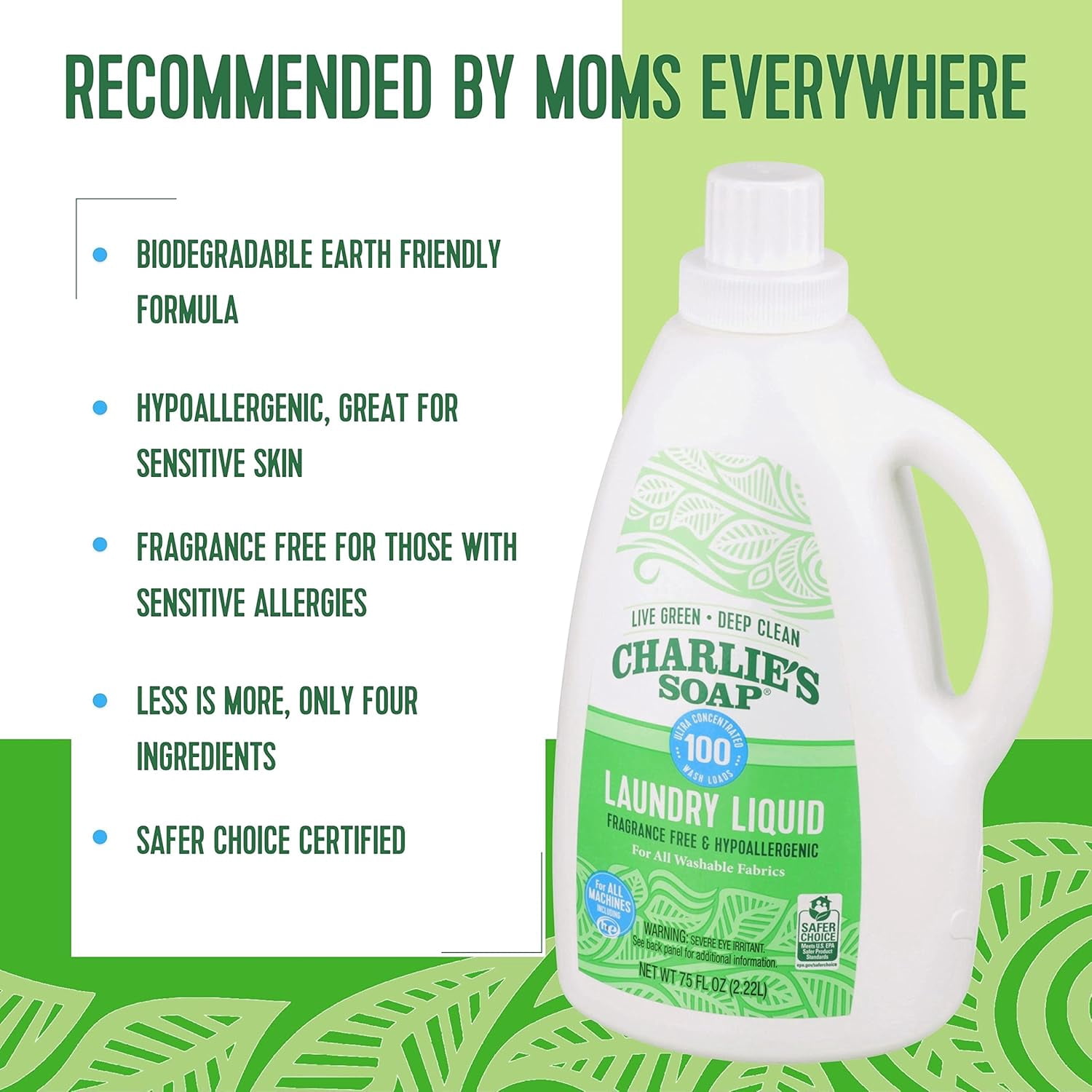 Charlie’s Soap Laundry Liquid (100 Loads, 1 Pack) Baby Gentle 75.0 Fl Oz Natural Deep Cleaning Hypoallergenic Laundry Detergent – Eco-Friendly, Safe and Effective