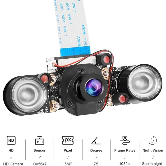 Raspberry Pi 4B Camera IR Camera Module 75 Degree 5MP OV5647 Webcam Automatically Switching Between Day and Night Vision with Holder and Cable for Raspberry Pi 5 4B 3B+ Zero and Zero W