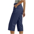 thumbnail image 4 of Women's Solid Color Pentagonal Pants with Elastic Waist and Belt Pockets Casual Work Office Trousers Slacks Bottoms Stretchy Comfy Business Travel Essentials | Aestivo,Navy M, 4 of 8