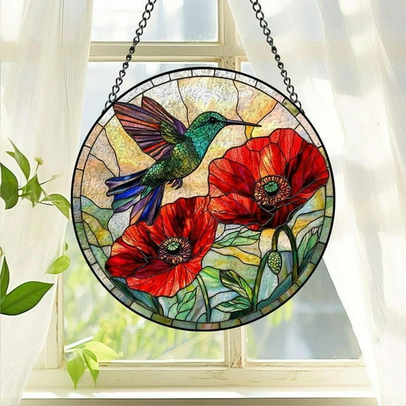 Hummingbird & Flower Stained Glass Suncatcher, Hummingbird Window Hanging Decor, Poppy Suncatcher, Gift for Mom, Memorial Gift, Floral Gift