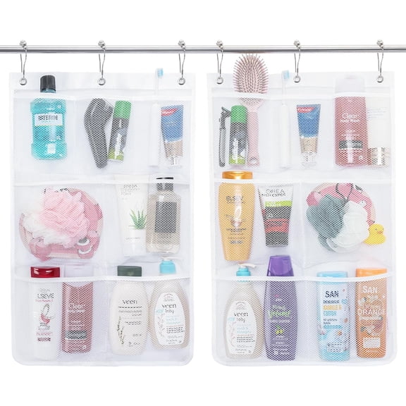 Mesh Shower Caddy, 7 Pockets Hanging Shower Organizer with Quick Drying Mesh, Portable Space Saving Bathroom Organizer to Hold Soap, Shampoo and Cruise Ship Essentials, White, 2 Pack