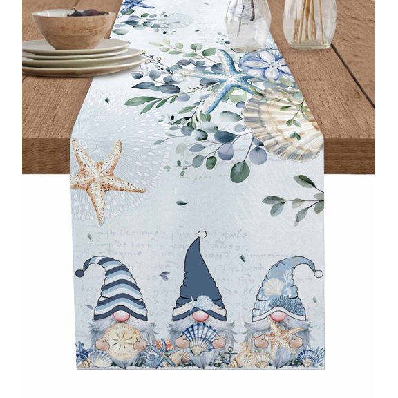 Blue Coastal Gnomes Table Runner 72 Inches, Ocean Eucalyptus Coral Starfish Bed Runner Dresser Scarves Tabletop for Indoor Outdoor Parties/Ceremony/Banquet, 18" x 72"
