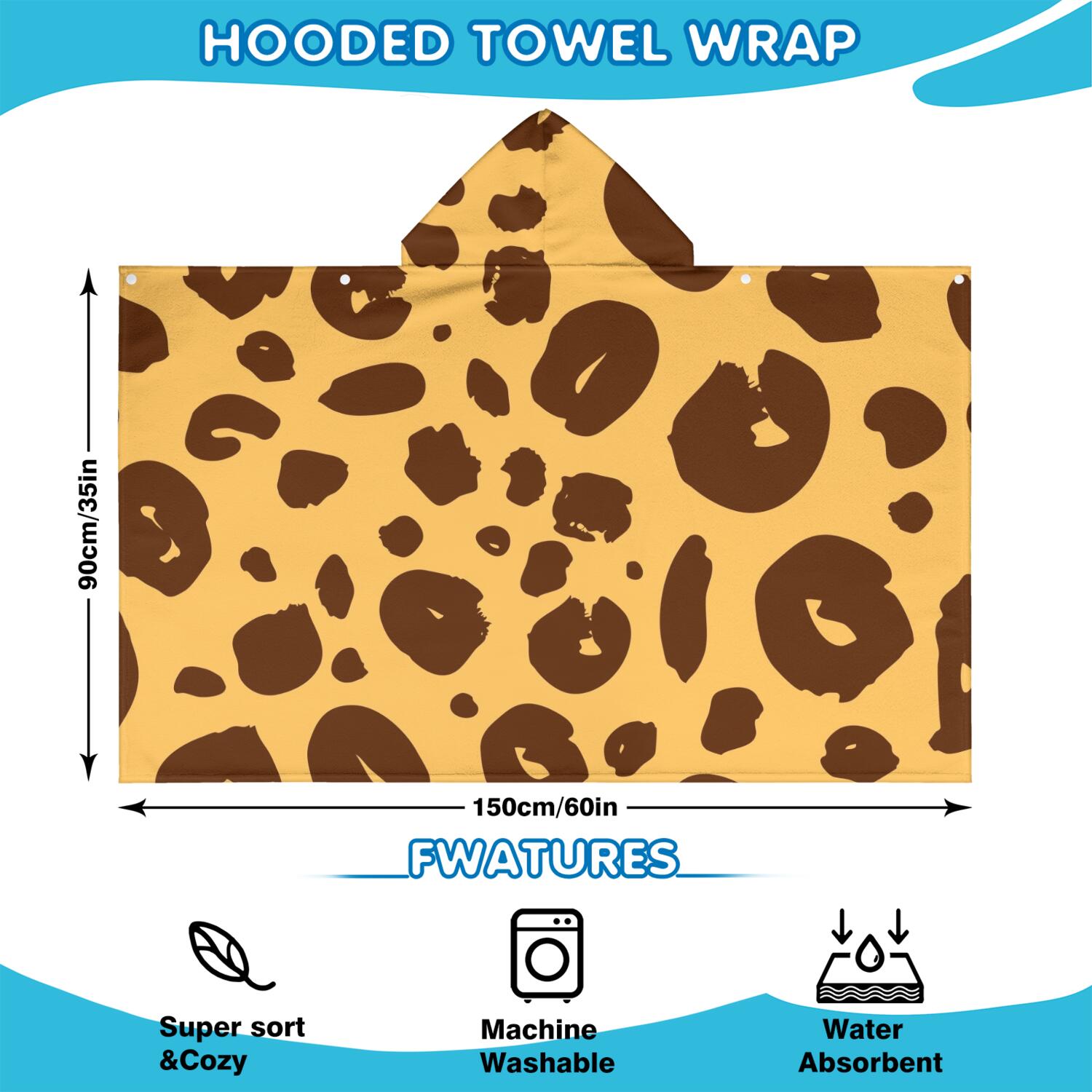 Yellow and Brown Of Leopard Print Hooded Bath Towel，60"x35" for Ages 3 To 12 Kids, Quick Dry Lightweight Soft Microfiber Hood Beach Towel Cover Up for Kids